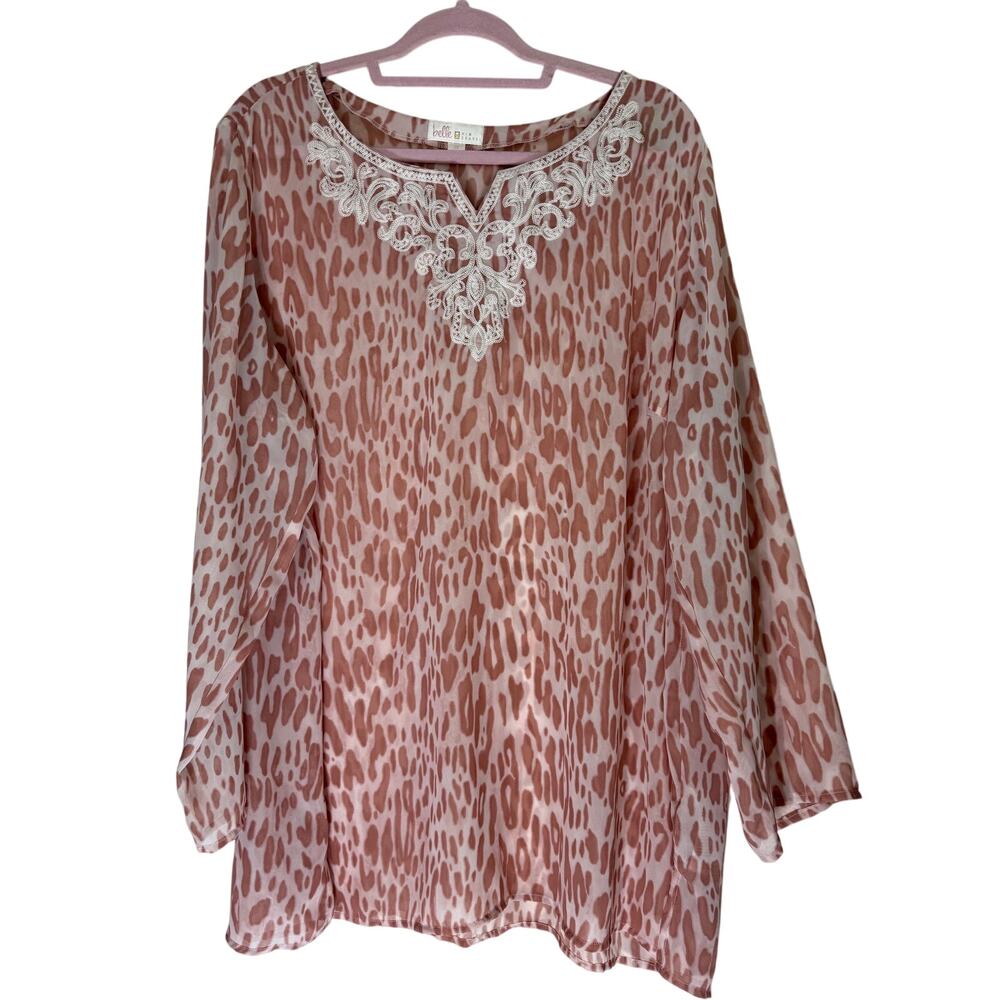 Belle Kim Gravel Pink‎ Animal Print White Embroidery Tunic Blouse Top Size 2X